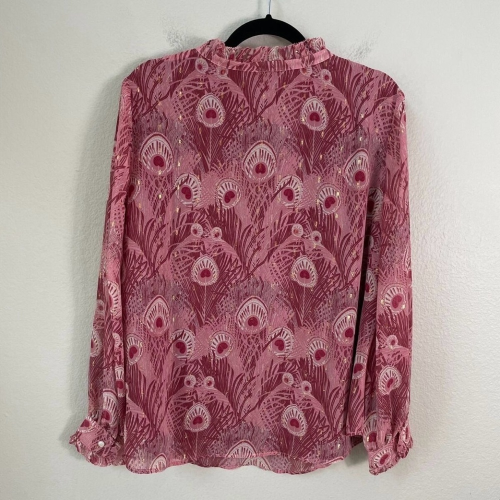 Talbots Women Pink Peacock Feathers Top Ruffle Blouse Size L - Picture 5 of 14